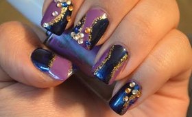 Purple and gold glitter with rhinestones