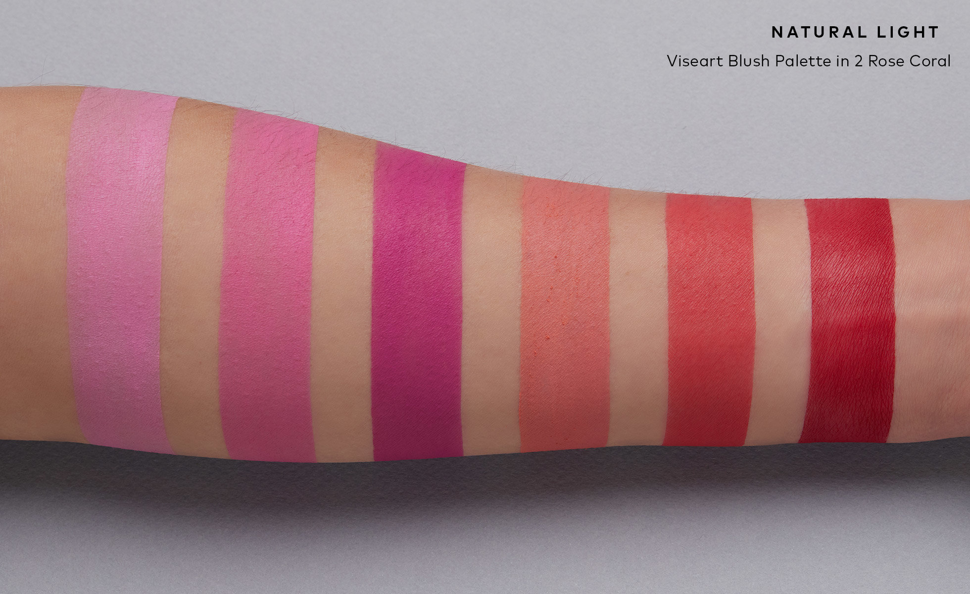 Viseart Blush Palette 2 Rose Coral Arm Swatches in natural lighting