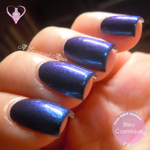 Showing the slight purple shift of YSL Bleu Cosmique.
More swatches and review on the blog: http://www.alacqueredaffair.com/Yves-Saint-Laurent-103-Bleu-Cosmique-31087669