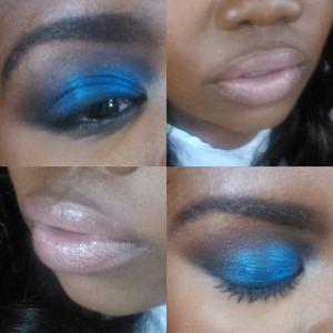 blue eyeshadow look for darkskin bh cosmetics day to night palette, nyx pink nude gloss
