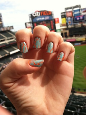 Mets game nail polish.. Did it on the car ride to Citi Field.. They lost that game... =[