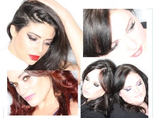 Glam red look in upper left, natural glam look in upper right, glowing skin with candy pink lips in lower left, and smoky eyes in bottom right 