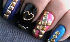 Golden nail art studs design- ideas how to do studded nail art designs - square/circle/pyramid/metal