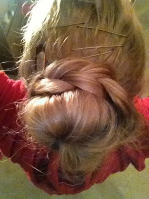 Sock bun used for bun and two braids made from extra hair!