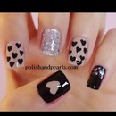 Black and Neutral Nails with Silver Sparkle and Black and Neutral Hearts