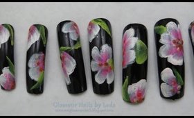 GNbL- Black Nails with Pink and White One Stroke Flowers