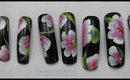 GNbL- Black Nails with Pink and White One Stroke Flowers