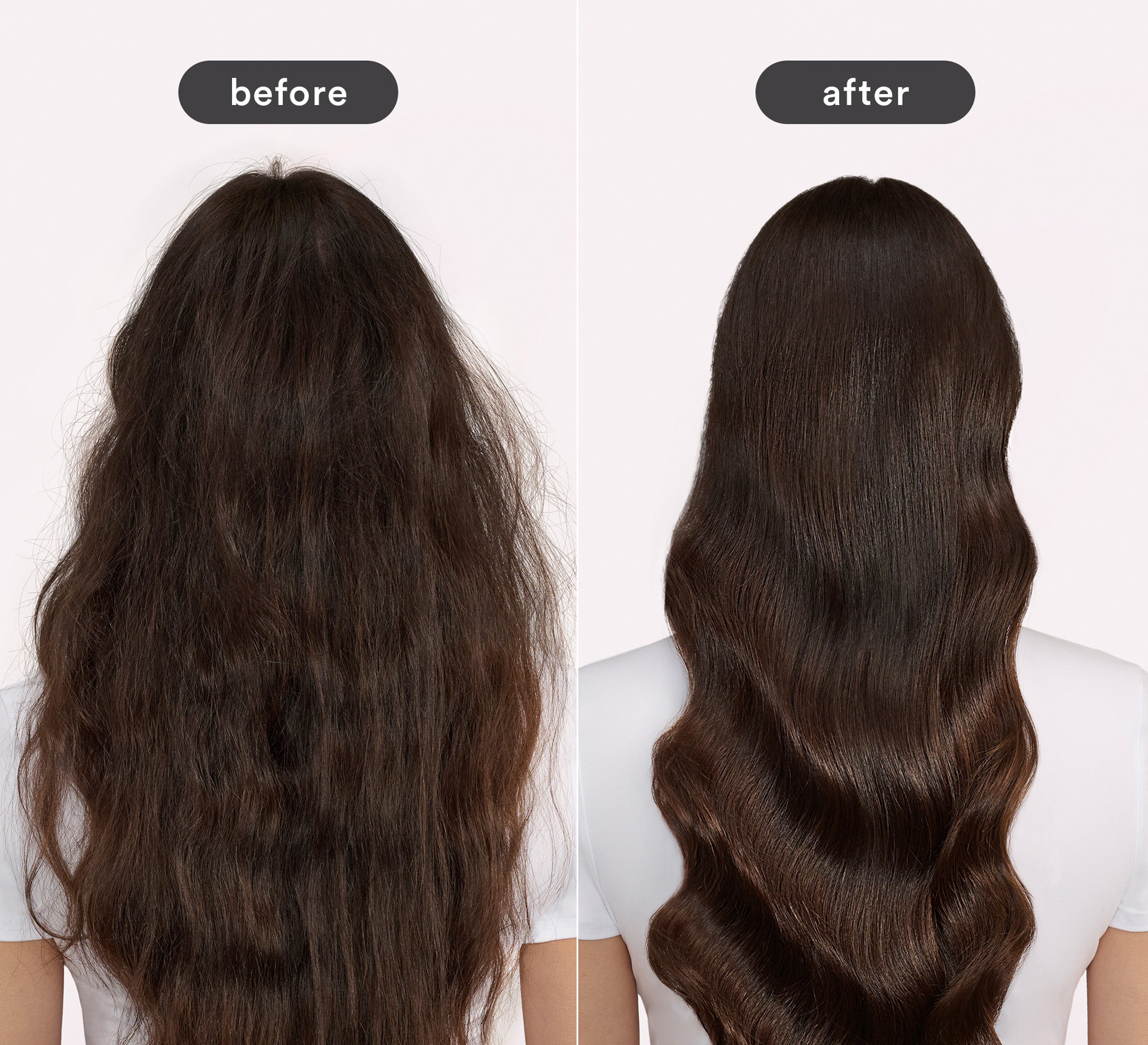Model before and after using the Verb Frizz Defense Smoothing Spray