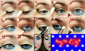 1.) Gold liner pencil, for a base, on the lid. 
2.) Light gold eyeshadow on the lid. 
3.) Lightly apply a brown to the crease. 
4.) White as the highlight. 
5.) Bright blue on the lower lid. 
6.) Wing the blue out. 
7.) A navy blue eyeshadow right under the lash line.
8.) White eyeliner pencil in the inner part of the eye. 
9.) White eyeshadow on top of the pencil. 
10.) Line the water line with a dark blue pencil. 
11.) Line the tight line and lid with a black eyeliner pencil. 
12.) Curl lashes, apply mascara, and fill in eyebrows.  Pair with red lips and done!! 