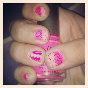 Light pink/hot pink base with red dotted hearts. Ring Finger-light pink with dark pink crackle and 3 hearts glued on.