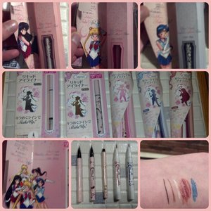 I was super excited when I saw these on yesstyle.com! I saw a YouTube review on these and she said she only got them in Japan herself. I'm soooo happy that Yes Style imported them from Japan! I'm not going to say how much I paid for them Lol I had a few diffculties with Sailor Mars' brush pen liner....see above Everything else is great and the staying power is awesome! I haven't had a real chance to watch the new episodes! Wah! 
20th anniversary edition eyeliners(in order): black felt tip, brown felt tip, pearl white kolh pencil, glitter red brush tip, and glitter blue brush tip. 