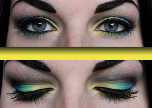 Yellow, blue, green & black eyeshadow.