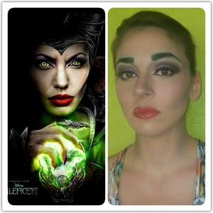 Played around today with my co-worker for Disney Character Day! Green contour, purple cut crease with a dramatic liner, and berry lips! It was so much fun to do with the upcoming release of the movie Maleficent staring Angelina! 