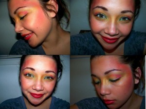  I am an extreme Hunger Games fanatic and have been itching to do a Hunger Games inspired look. I did the fiery oranges, yellows, and reds on the top but I wanted to incorporate the blue hues in fire so I put some sparkly navy blue in my inner tear duct. I swept a lot of gold shadow over the bridge of my nose and onto the sides of my face to create a sort of mask. I love the red on my temples! I used these super bright reds mixed together and it looked fantastic. I hope you enjoy!
