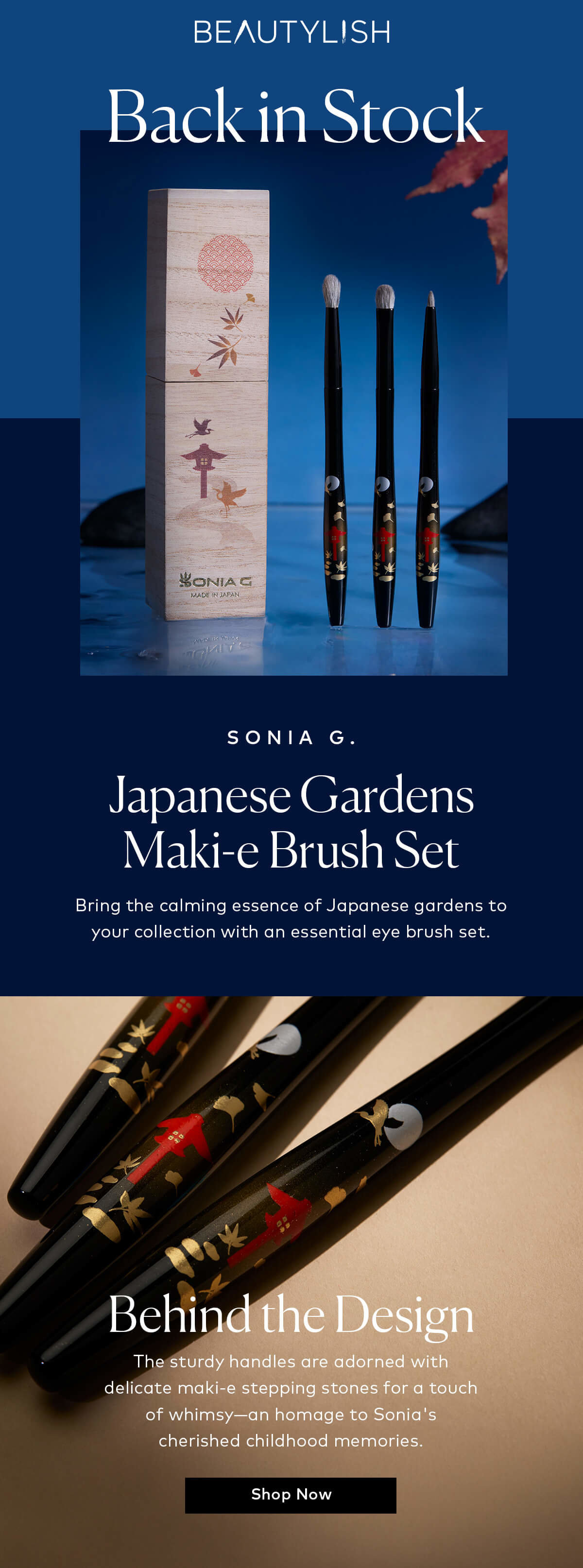 Bring the calming essence of Japanese gardens to your collection with an essential eye brush set. Shop the Sonia G. Japanese Gardens Maki-e Brush Set at Beautylish.com.