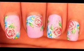 Pink Roses & Blue Flowers nail art