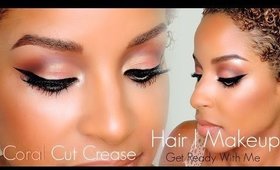 "GRWM" CORAL CUT CREASE & SIDE PART CURLY STYLE