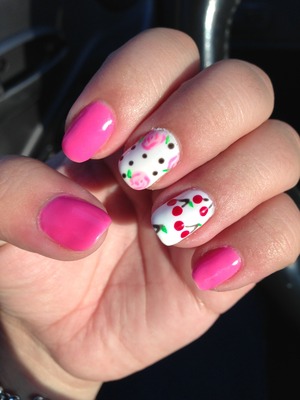 Pink polka dot Betsy Johnson inspired nails with Cherries and roses. Photo 1 of 2