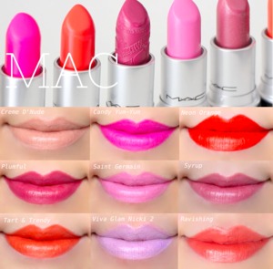 Swatches video ➡ http://youtu.be/-wqUptbbZT4
MAC Lipstick in 9 colors : Creme D'Nude, Candy Yum-Yum, Neon Orange, Plumful, Saint Germain, Syrup, Tart & Trendy, Viva Glam Nicki 2, Ravishing