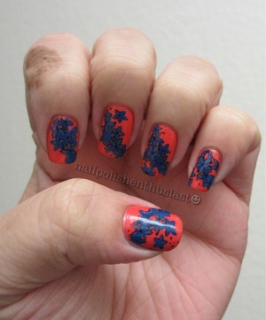 OPI I Eat Mainely Lobster, Tip Toe Navy, Essie Mesmerize,Jessie’s Girl Girls Night Out and Konad Stamping Plate 51
