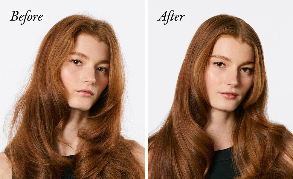 Model before and after using Oribe Supershine Smoothing Wax Stick