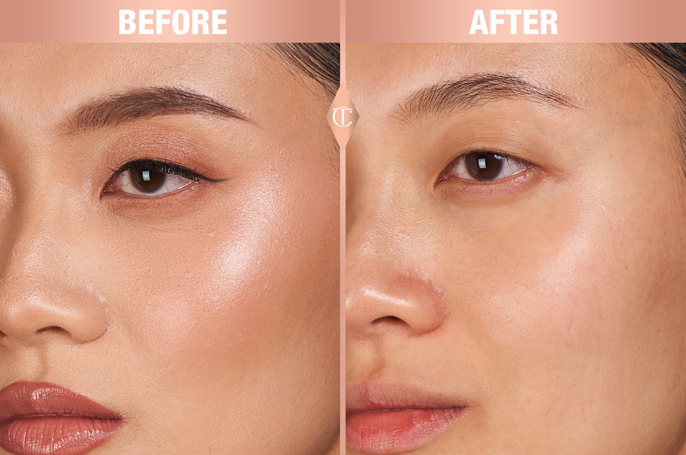 Charlotte Tilbury model before & after using the Charlotte's Magic Hydration Revival Cleanser