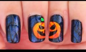 Pumpkin on Glittery Black nail art