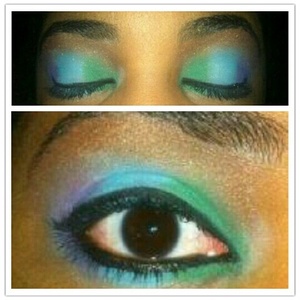 Green in the corner, followed by turquoise on the lid and a purple-ish blue on the outsidewith black eyeliner on the top and under the lash line, also with the same color under the lash line