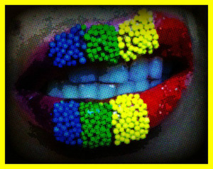 I SEEN A COOL PICTURE ONLINE OF A GIRL WITH GLITTER LIPS AND I WANTED TO DO SOMETHING SIMILAR UNFORTUNATELY I DO NOT OWN ANY GLITTER SO I GOT CREATIVE AND I WENT IN THE KITCHEN AND GRABBED MY POD OF BETTY CROCKER SPRINKLE BALLS, RED SPRINKLES, AND SOME LIQUID CAKE GLITTER THEN VOILA RAIN BOW LIPS...