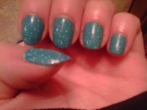 Nothing fancy but I love this polish! It is Sally Hansen Xtreme wear in Blue me away with China Glaze Fairy Dust on top. 