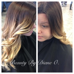 Ombre hair color done by myself, warm chocolate brown base with blonde ends...