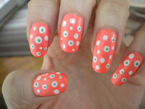 Coral and Teal Polka Dots

Essie: Haute as Hello and Turquoise & Caicos