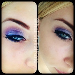 Used Kat Von D brown shadow and a fine slanted brush on eye brows. Then used the lightest of the colors in the same palette under brown and in corners of eyes. The took lightest shade of purple and put on while lid. Then applied urban decay blue in center of lid, then applied dark purple in corner and medium purple and blended in towards blue and up into crease. Finally apply lined and in waterline. 