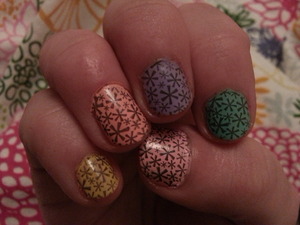 I used barrym nail colours : mint green, prickly pear, lemon and peach melba. for the top coat I used MUA clear.