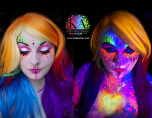 Black Light Alien

Normal(ish) by day, super glowy universe body by night! These are two separate makeups, or at least I did the first look and then added the galaxy afterwards. My foundation wouldn't cover all the black light to look normal enough for the first picture. 

I read somewhere that birds see UV light as well as regular light. So I based this on that idea. Humans would only see some makeup, but to other aliens, they'd light up like a fricking christmas tree! 

I have an old tutorial that shows how I use black lights to create a galaxy. If you're interested, you can check it out here: https://www.youtube.com/watch?v=bychaR6fSvA