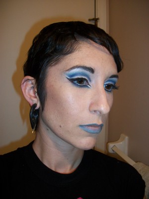 Same look, different angle. The flash lightened up the blue a bit. (The NYX baby blue eye pencil was used on the lips as OCC lip tars are not in my limited budget)