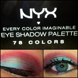 Nyx 78 color every color imaginable palette, blue eyeshadow blended out with hot pink.