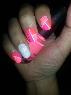 Geometric Nails using Flip Flop Fantasy by China Glaze, White by Sally Hansen, Loose White Glitter from Sally Beauty Supply, Orange Knockout by China Glaze, Pink by Sinful Colors, and Nail tape from ebay!