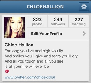 My instagram!! 
@chloehallion

Twitter:
@chloexxhal