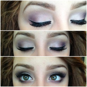 Ignore the silly lash glue! I used the Too Faced Romantic Eyes Palette. I packed "Soulmates" on to my lid. Than I put "I do" into my crease with windshield wiper motions. I than went in with "Cut the Cake", which is a gorgeous lilac, and swept it into my crease and outer corner. Than I focused "Ever After" into my outer corner and outer crease to darken up these pretty purple lilac smokes. I built up the color to the desired color. I then used "bouquet toss" to soften the edges. I than swept "Cut the Cake" under my lash line and "Ever After" under my lash line. Than I lined my eyes with my Stila Stay All Day eyeliner and used my ardell Demi wispies lashes 