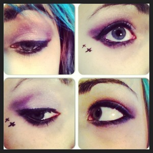 Light purple base with dark purple on the outer v. Lines with gel black eyeliner and added a bit of sparkle. 