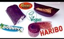 Homemade vegan candies: Reeses peanut butter cups, Haribo sour strips and Bounty bars