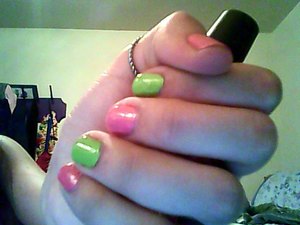 I couldn't find the nail polishes to tag them but the green one is by Pure Ice and the color is #616 Creme Wild Thing
The pink is by Creative and the color is #280 Juicy Watermelon.