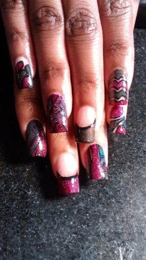 burgundy and grey negative space themed nails