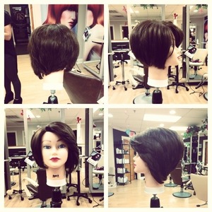 Started out with a mannequin that had holes in it and completely uneven. I over directed everything from the back to the right and blended it with a whole lot of point cutting and texturizing shears. It's fun to just be creative and think outside the box! Just have fun with whatever you do and keep practicing your art and your expression :) 