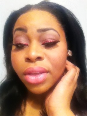 GLITTERY RED LINER, MERLOT SHADOW, WITH WINGED LINER & LASHES WITH PINK LIPS  