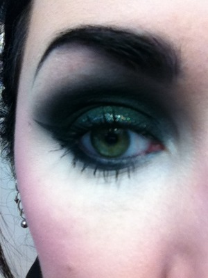 The glimmery green is BareMinerals loose eyeshadow in Black Emerald.