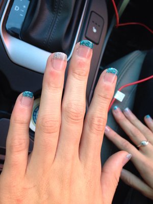 Teal & Silver glittery nails. Acrylic nails. 