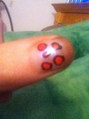 first: take what ever color you want and draw un even circles ( 3 - 4 ) on each nail. 

second: wait to dry.

third: take black tipped nail polish ( or a tooth pick) and. dip it in the black and outline the pink circles made.

forth: what to dry and DONEEEE :-)