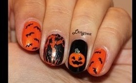 Evil Pumpkin / Jack-O'-Lantern Halloween Nail Design with Bats and Crackle Polish
